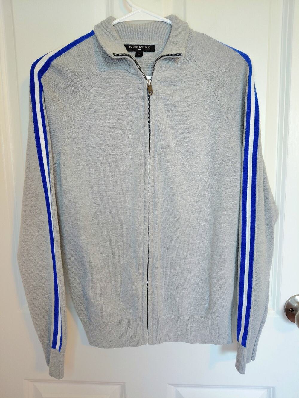 Banana Republic Men's Gray Zip Cardigan Sweater Small Blue Track Stripes Preppy